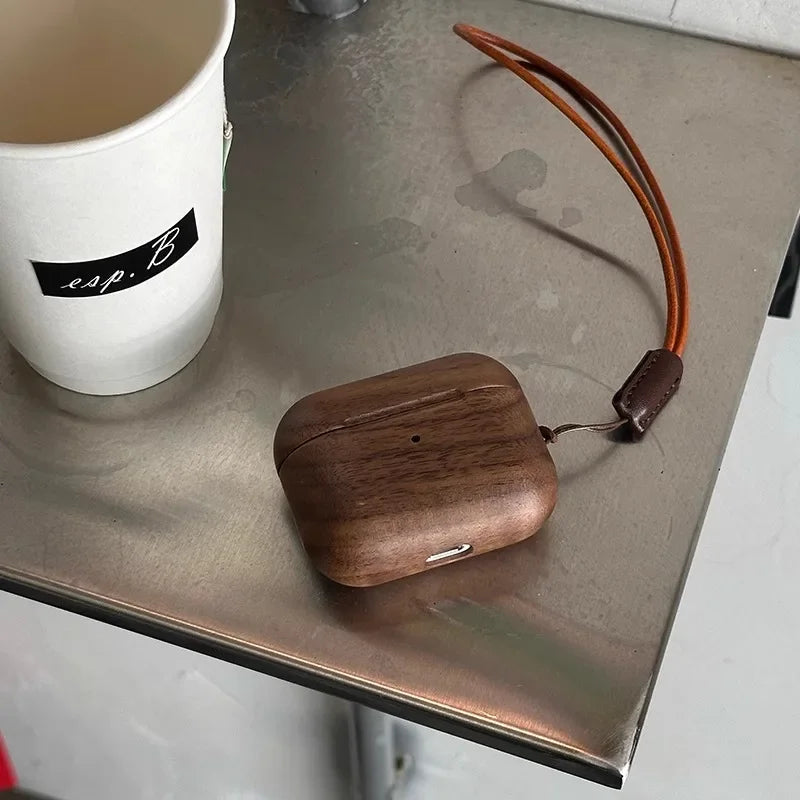 Premium Walnut Wood AirPods Case with Magnetic Closure Protection with Lanyard