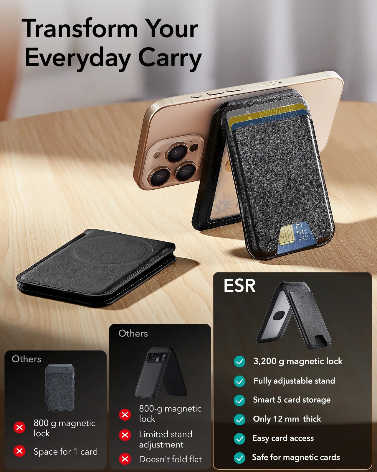 ESR Aura MagSafe Wallet - 5 Card Vegan Leather Stand