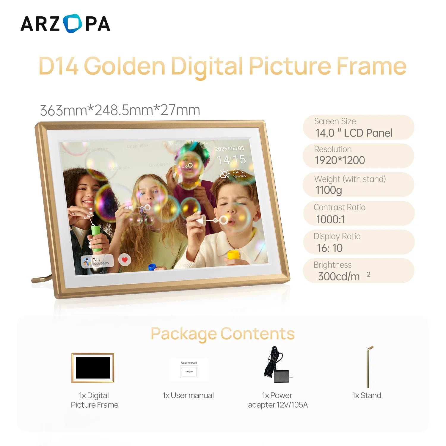 ARZOPA WiFi 14" FHD IPS Touch Screen Digital Picture Frame