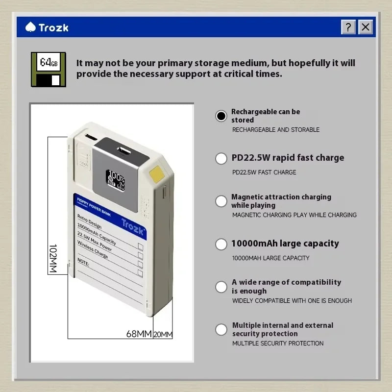 Trozk Retro Magnetic Power Bank Floppy Disk 10000 mAh
