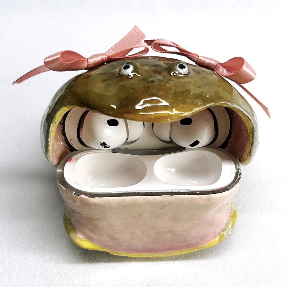 Frog AirPods Case with Pink Bow Handmade Realistic Design