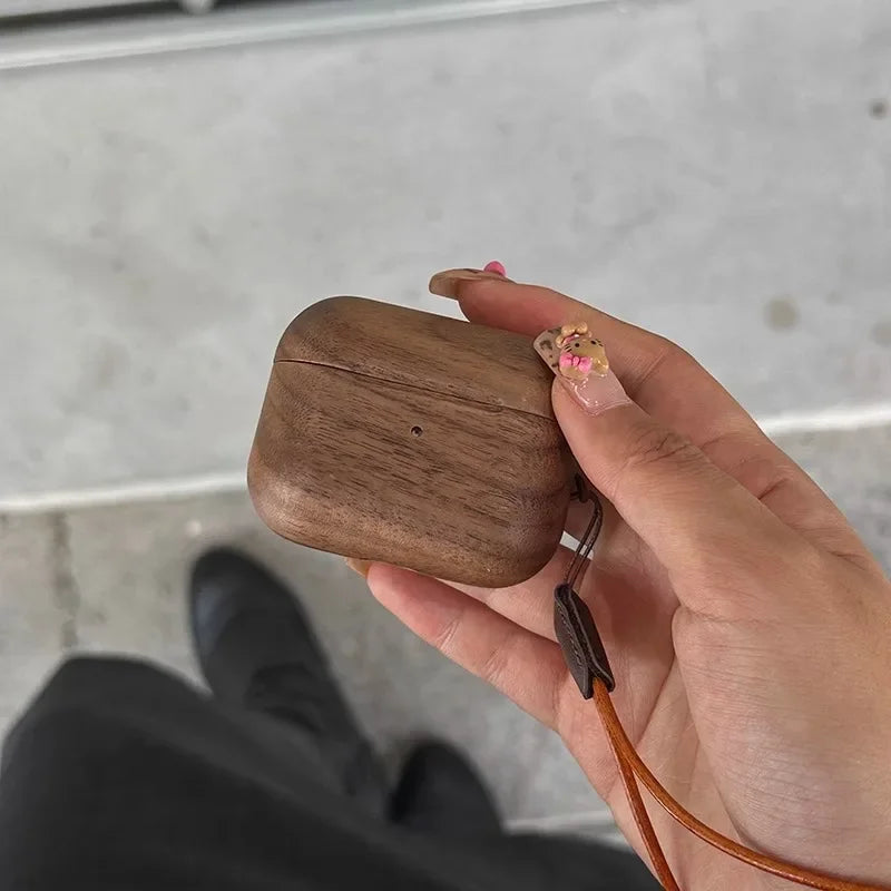 Premium Walnut Wood AirPods Case with Magnetic Closure Protection with Lanyard