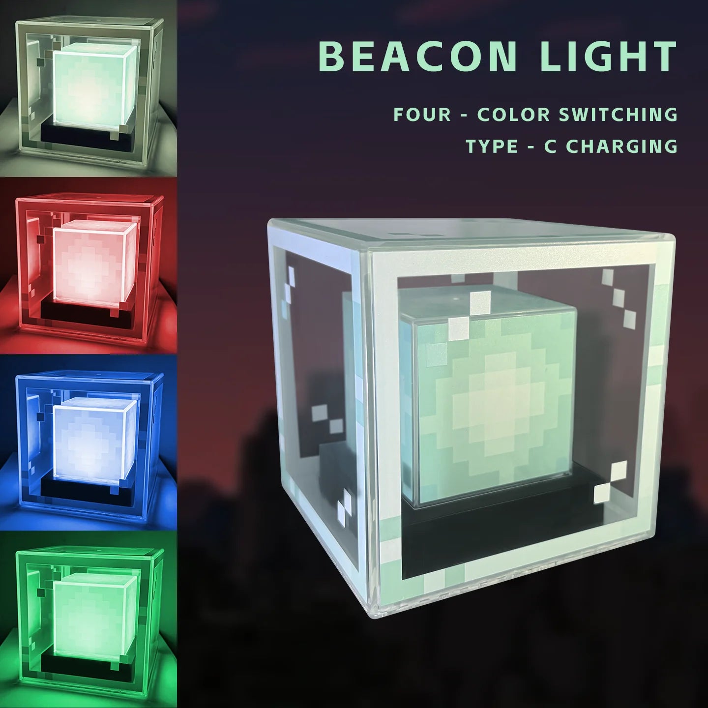 Pixel-Style Beacon Lamp Rechargeable Desktop Night Light Minecraft