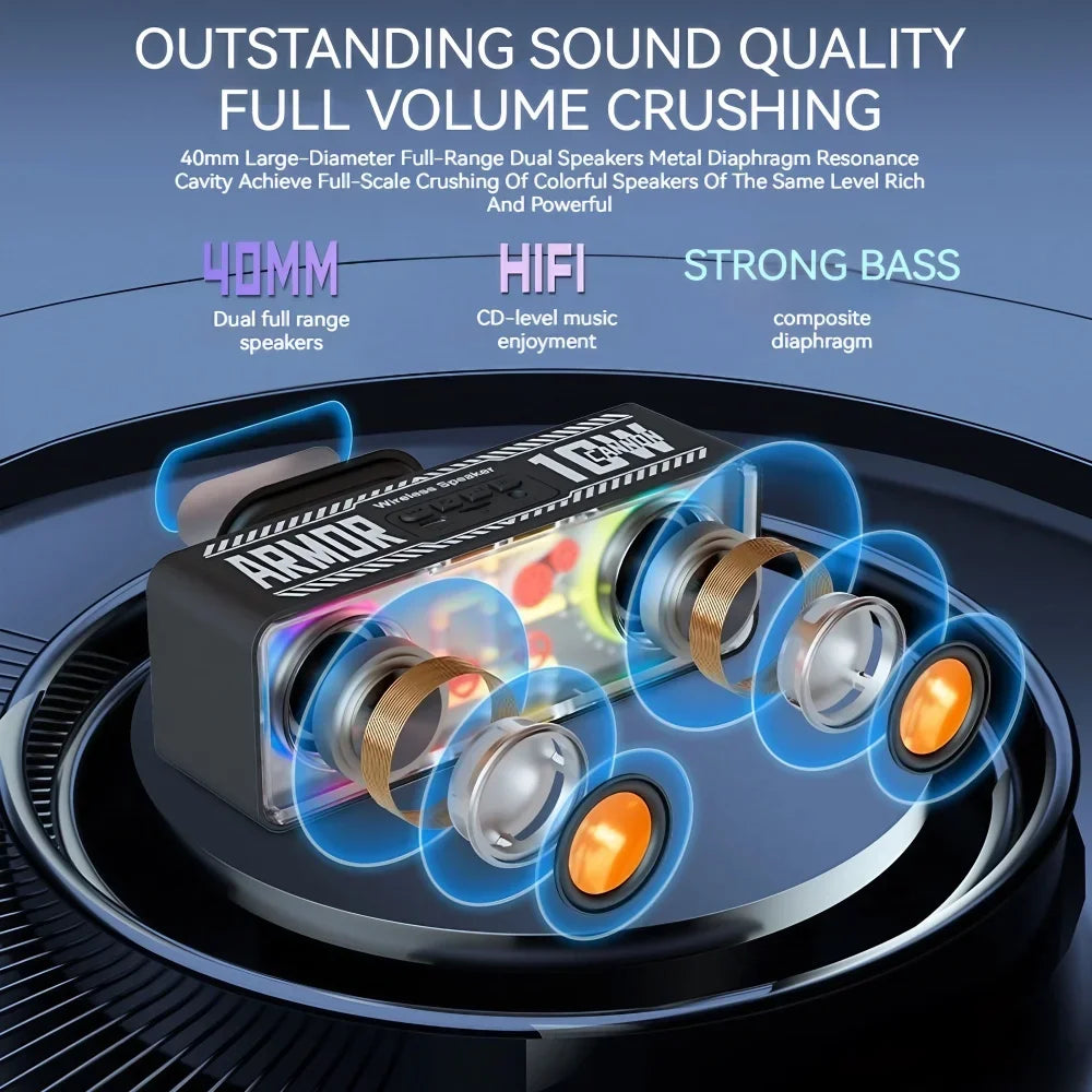 Mechanical LED Wireless Speaker - Dual Bass Transparent Design