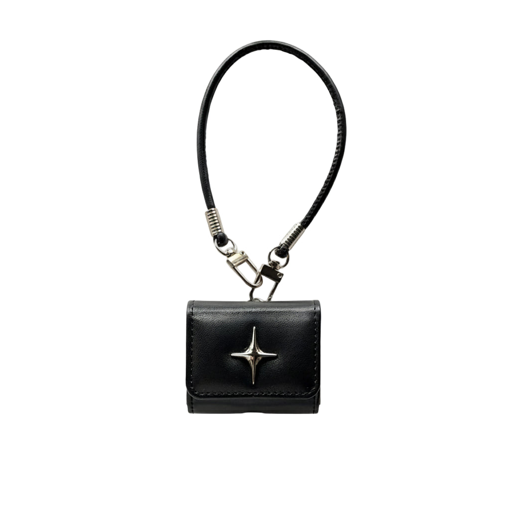 North Star Leather AirPods Case Black Flip Cover with Metal Emblem & Lanyard