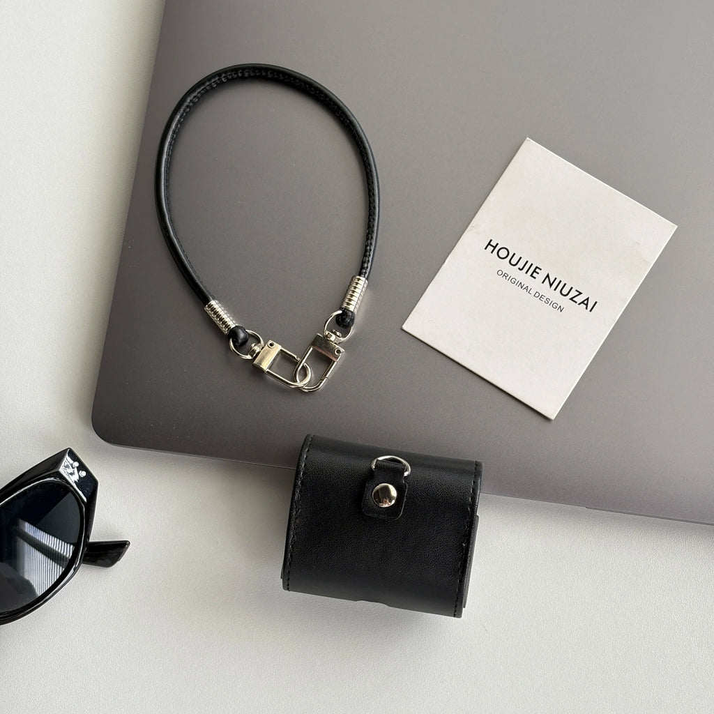 North Star Leather AirPods Case Black Flip Cover with Metal Emblem & Lanyard