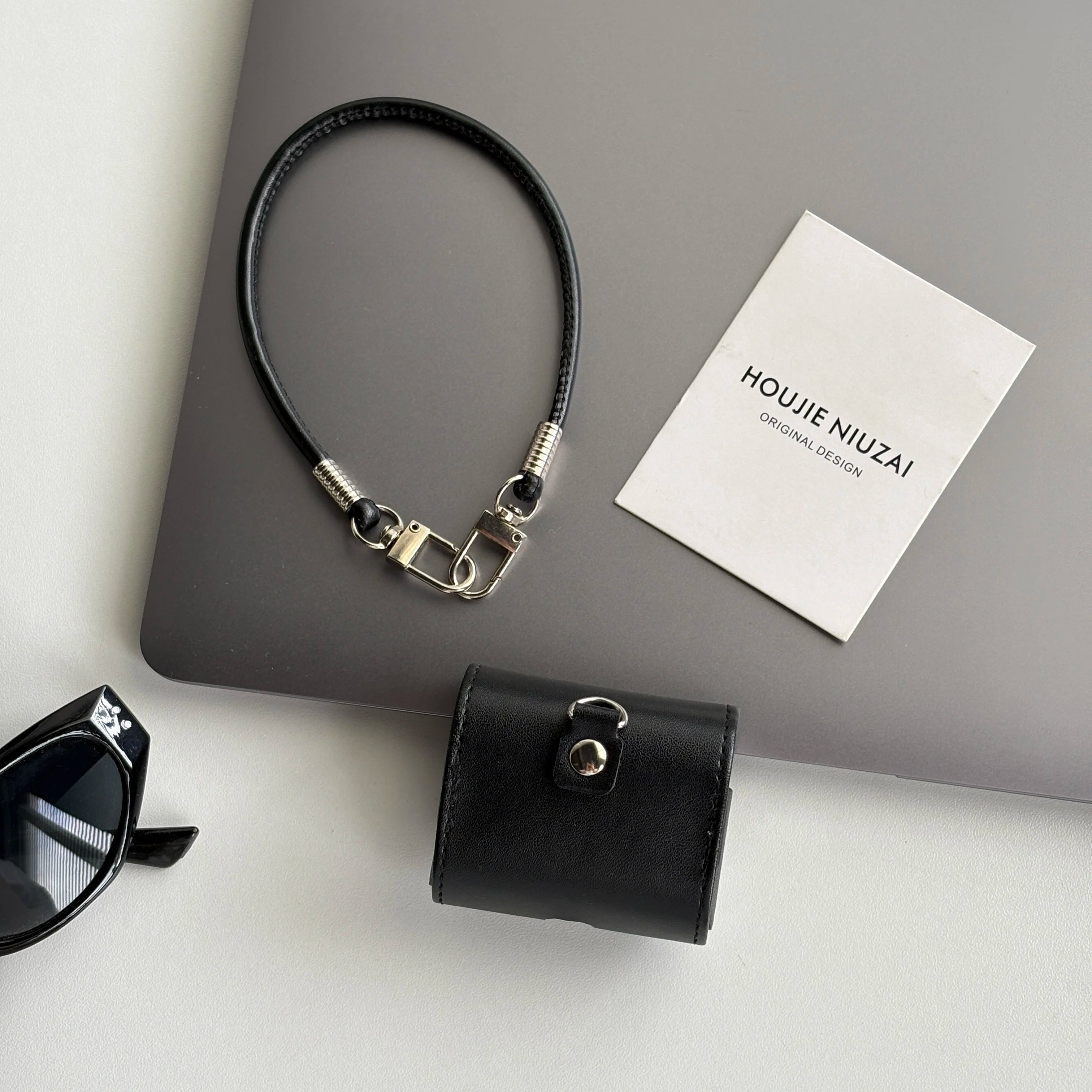 North Star Leather AirPods Case Black Flip Cover with Metal Emblem & Lanyard