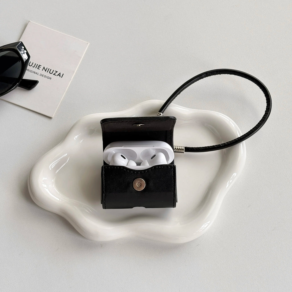 North Star Leather AirPods Case Black Flip Cover with Metal Emblem & Lanyard