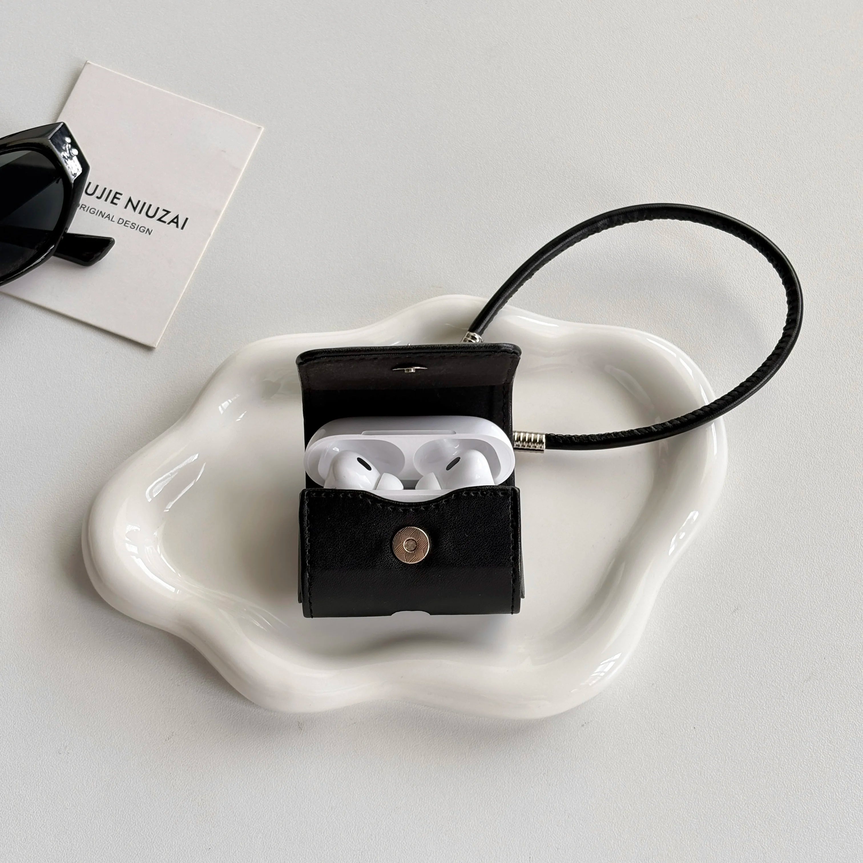 North Star Leather AirPods Case Black Flip Cover with Metal Emblem & Lanyard