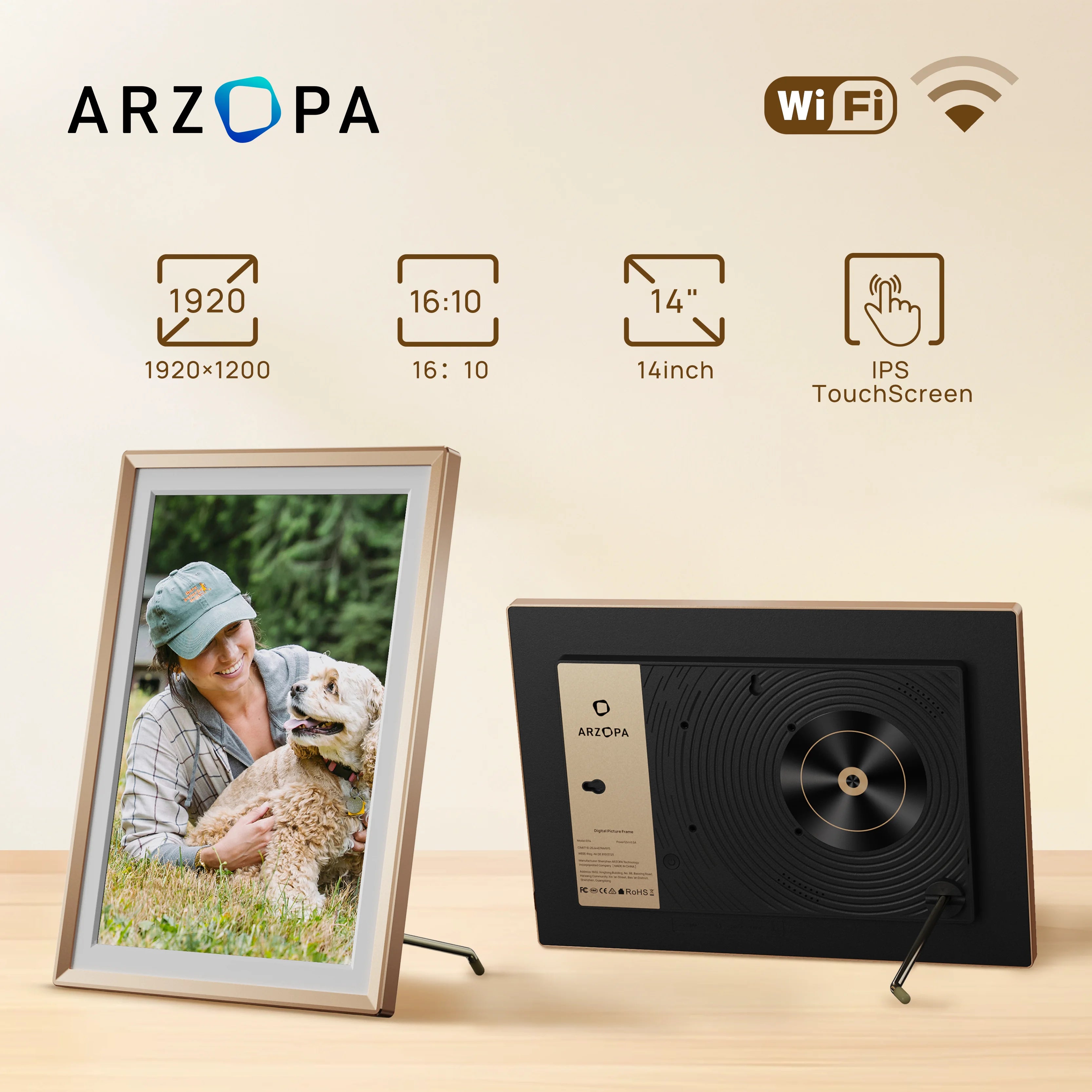 ARZOPA WiFi 14" FHD IPS Touch Screen Digital Picture Frame