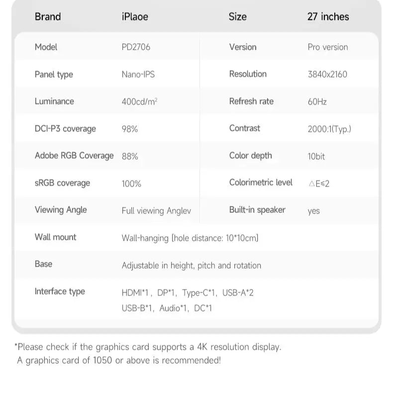 27" 4K 60Hz Computer Monitor Nano IPS Panel