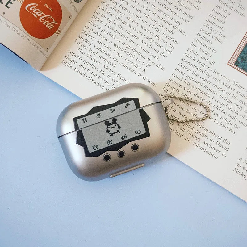 Retro Virtual Pet AirPods Case 90s Tamagotchi Style Silicone Cover with Keychain