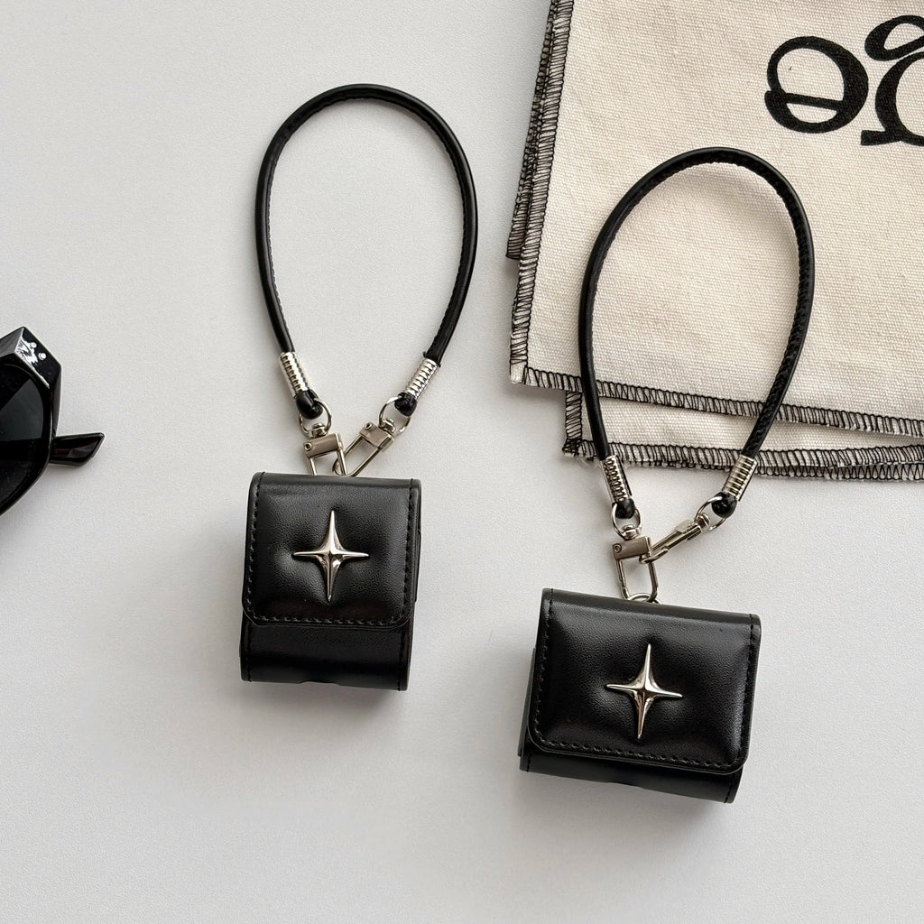 North Star Leather AirPods Case Black Flip Cover with Metal Emblem & Lanyard