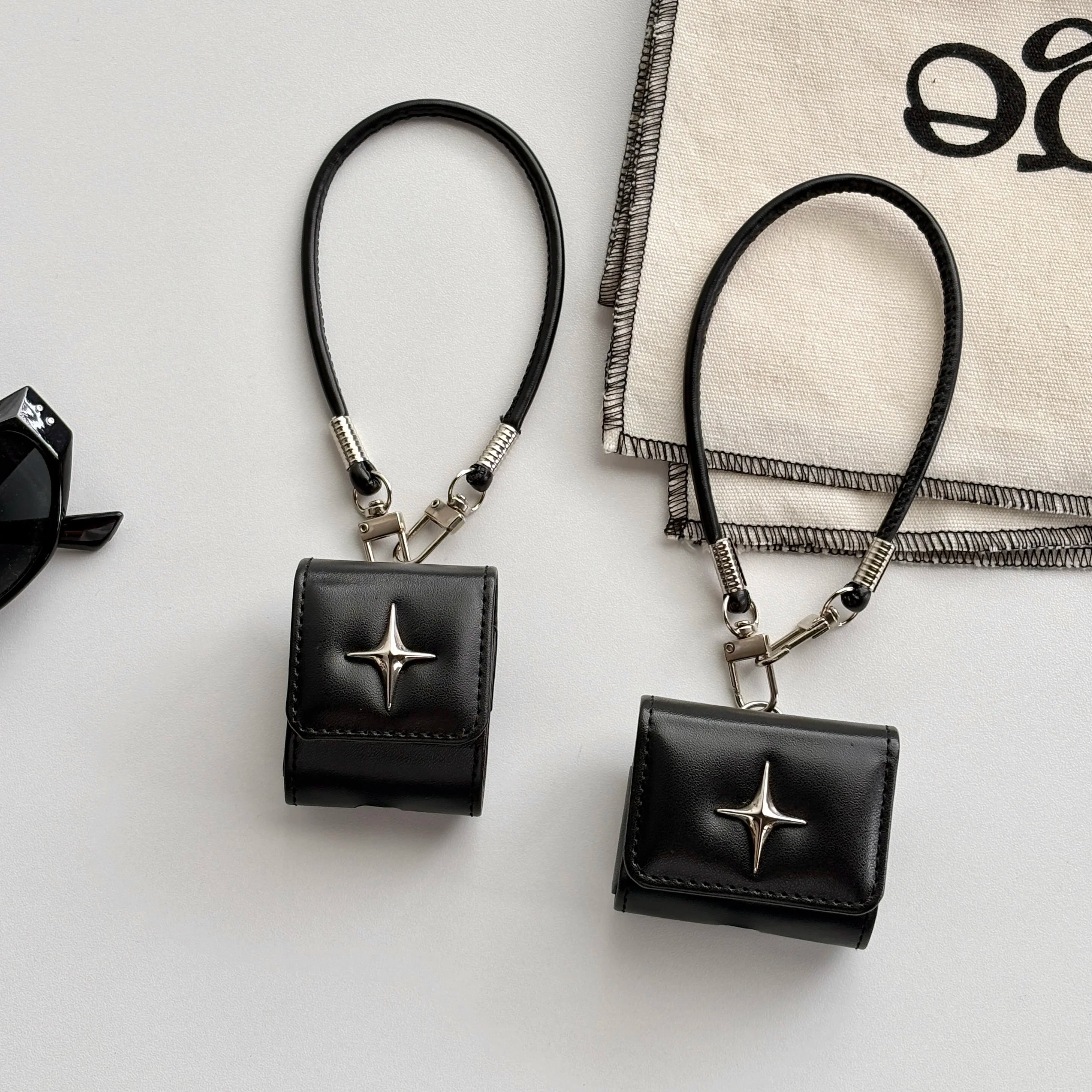 North Star Leather AirPods Case Black Flip Cover with Metal Emblem & Lanyard