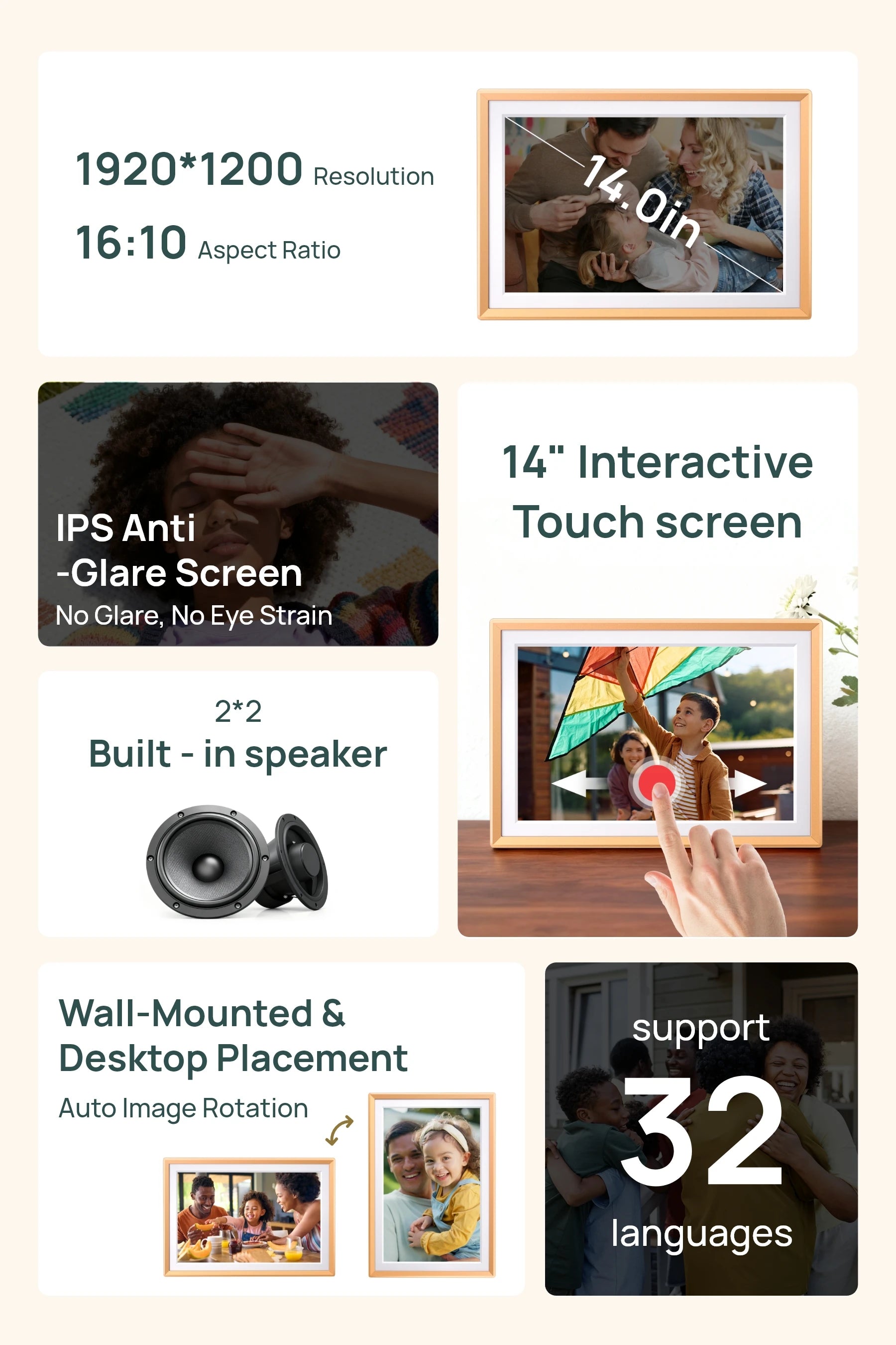 ARZOPA WiFi 14" FHD IPS Touch Screen Digital Picture Frame