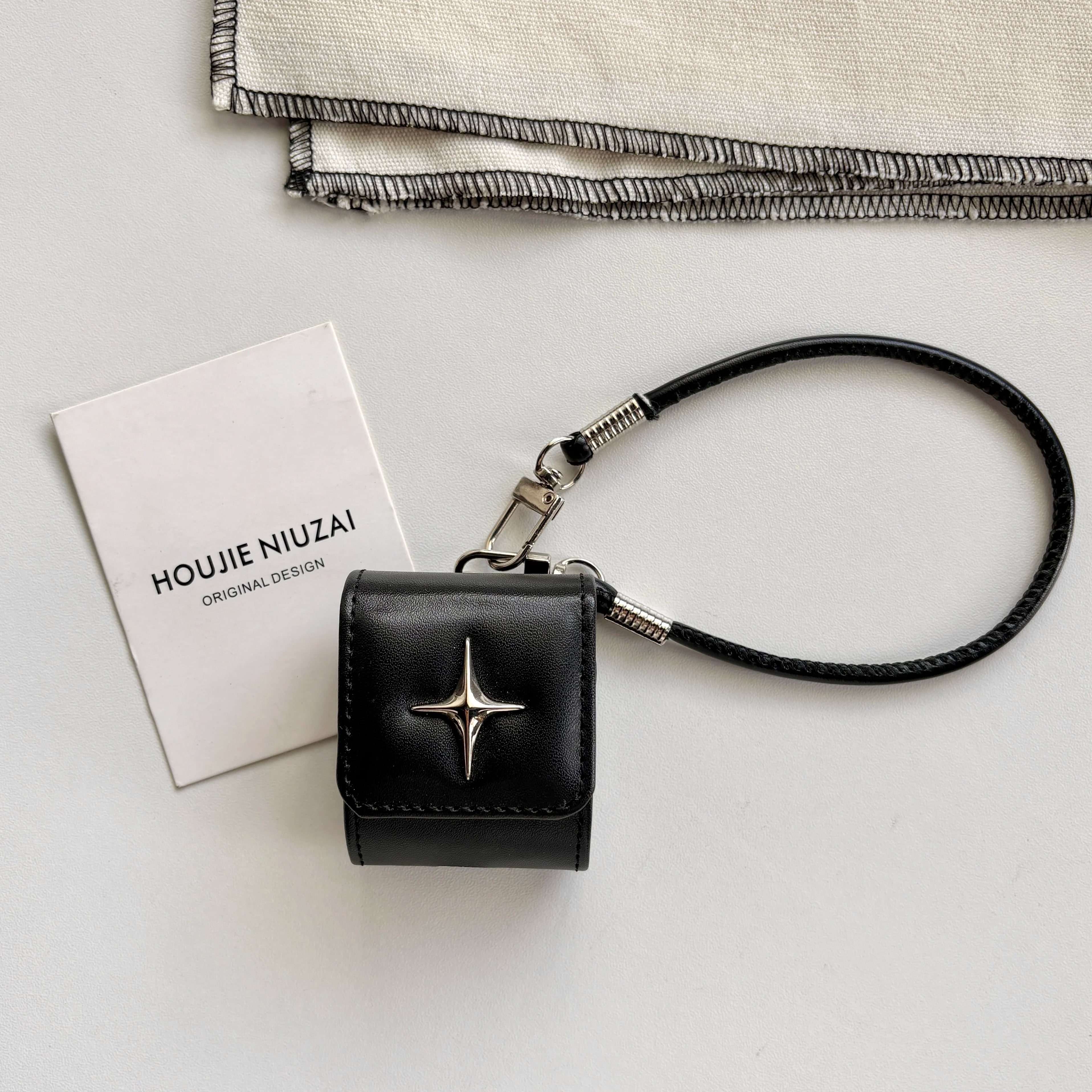 North Star Leather AirPods Case Black Flip Cover with Metal Emblem & Lanyard