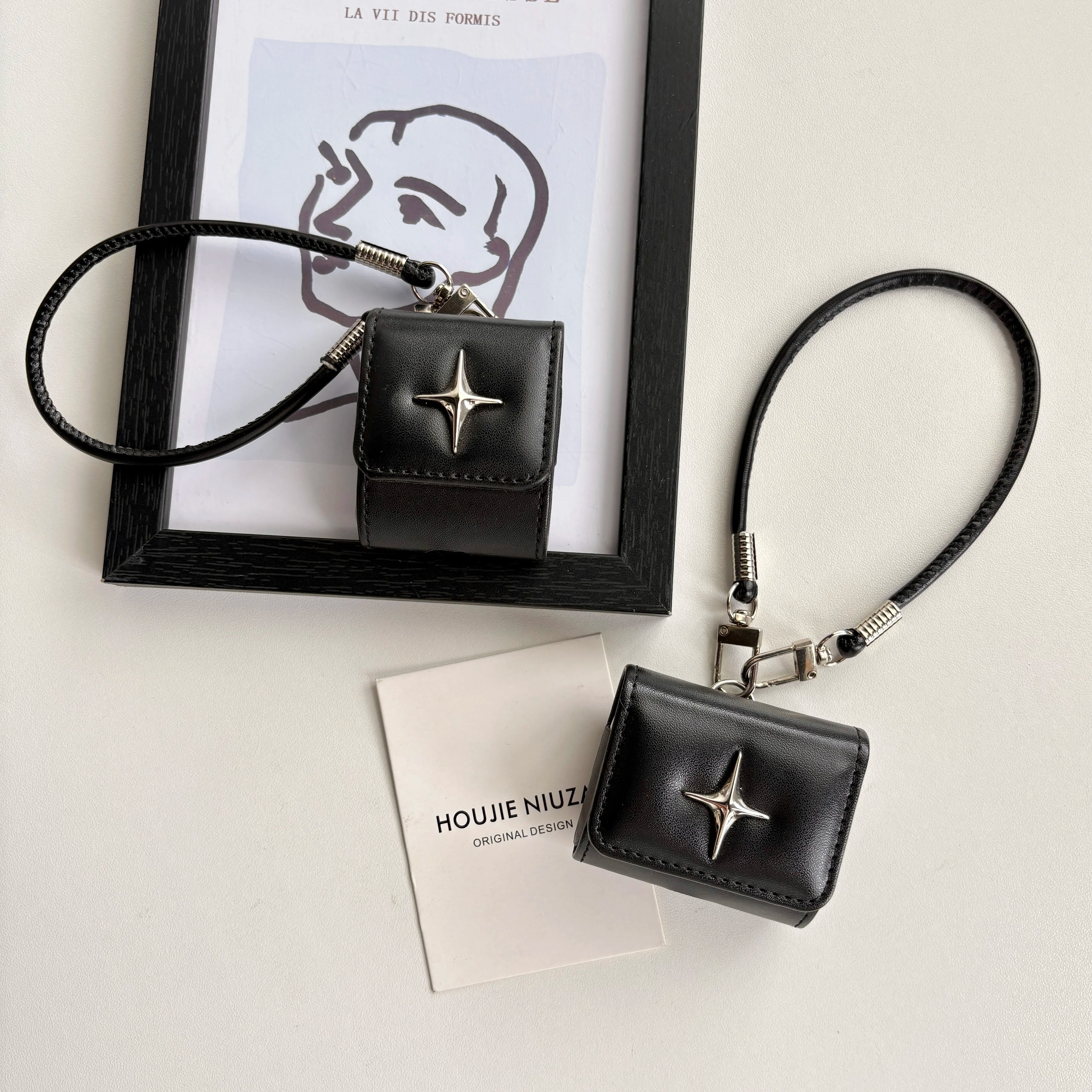 North Star Leather AirPods Case Black Flip Cover with Metal Emblem & Lanyard