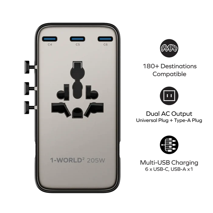 MOMAX 1-World² 205W GaN Travel Adapter 7-Port Dual AC