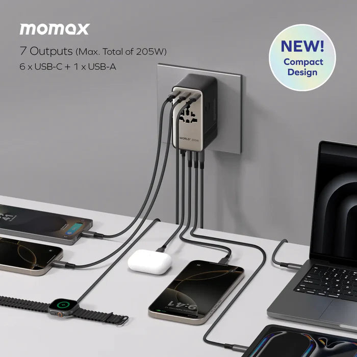 MOMAX 1-World² 205W GaN Travel Adapter 7-Port Dual AC