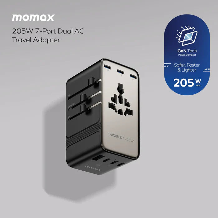MOMAX 1-World² 205W GaN Travel Adapter 7-Port Dual AC